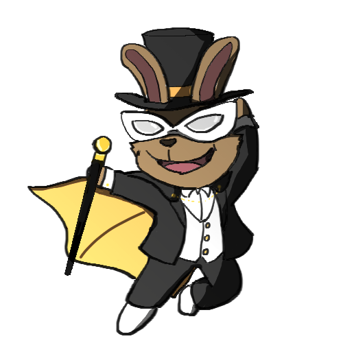 a brown bunny wearing a mask and dressed in a top hat, a tuxedo, and a cape